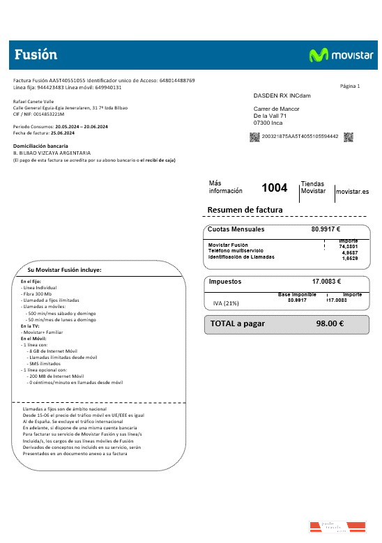 Spain Movistar Fusion telecom operator business utility bill document in Word and PDF formats